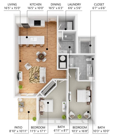 Floor plan for 2 beds, 2 baths, 1188 sqft